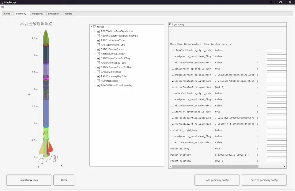 MatRocket software interface showing 3D rocket model in the geometry tab with component hierarchy and parameter editing